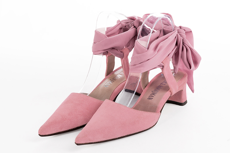 Carnation pink women's open back shoes, with an ankle scarf. Pointed toe. Low kitten heels. Front view - Florence KOOIJMAN